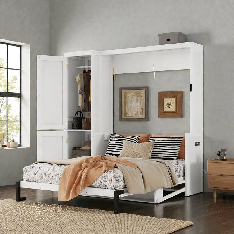 Queen Murphy Bed with Wardrobe and Desk, Space-Saving Wall Bed with Gas Struts and Charging Station