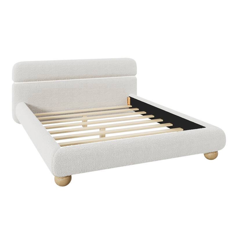 Teddy Fleece Boucle Fabric Low Profile Upholstered Bed