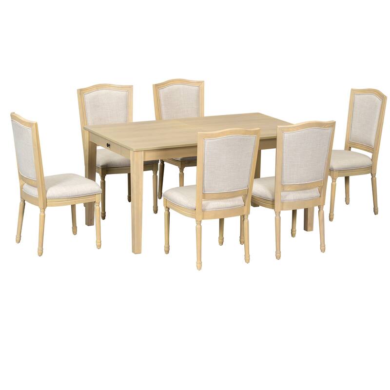 78.1'' Extendable Wood Dining Table Set with Removable Leaf and 6 Upholstered Dining Chairs