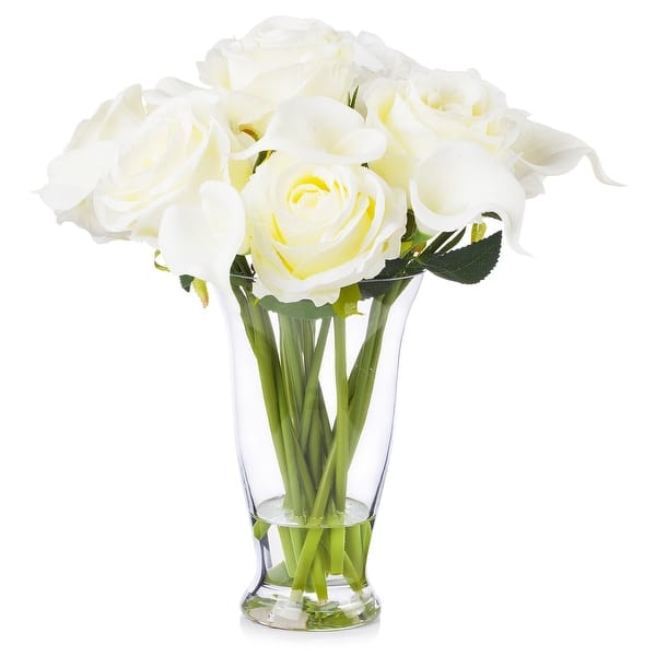 slide 1 of 4, Enova Home Artificial Mixed Real Touch Lily and Silk Roses Fake Flowers Arrangement in Clear Glass Vase for Home Office Decor