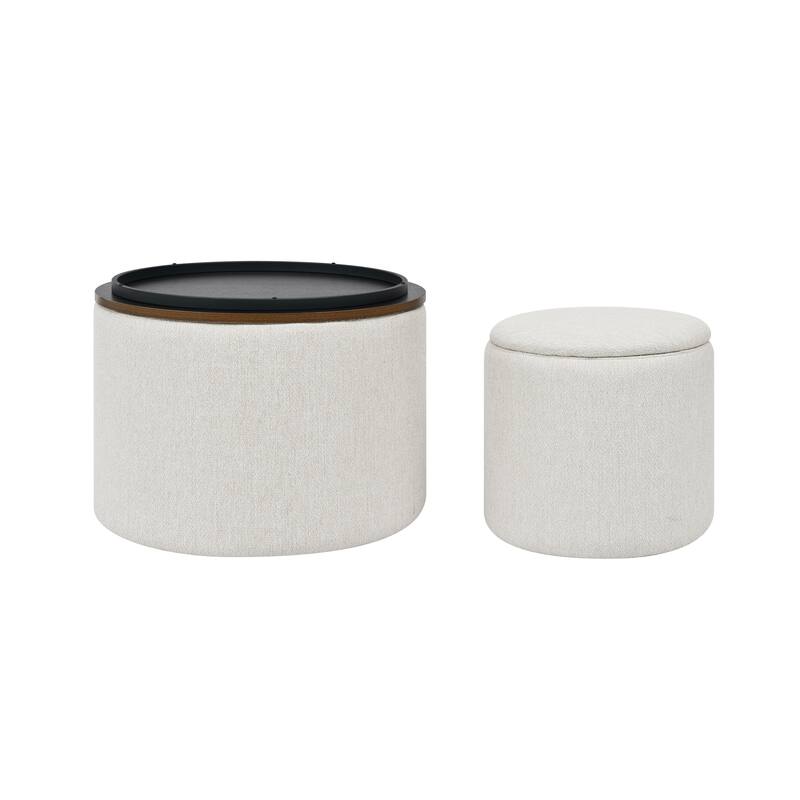 Roomfitters 2-Piece Round Chenille Storage Ottoman Set with Drum-Shaped Stool and MDF Top, Hidden Compartment