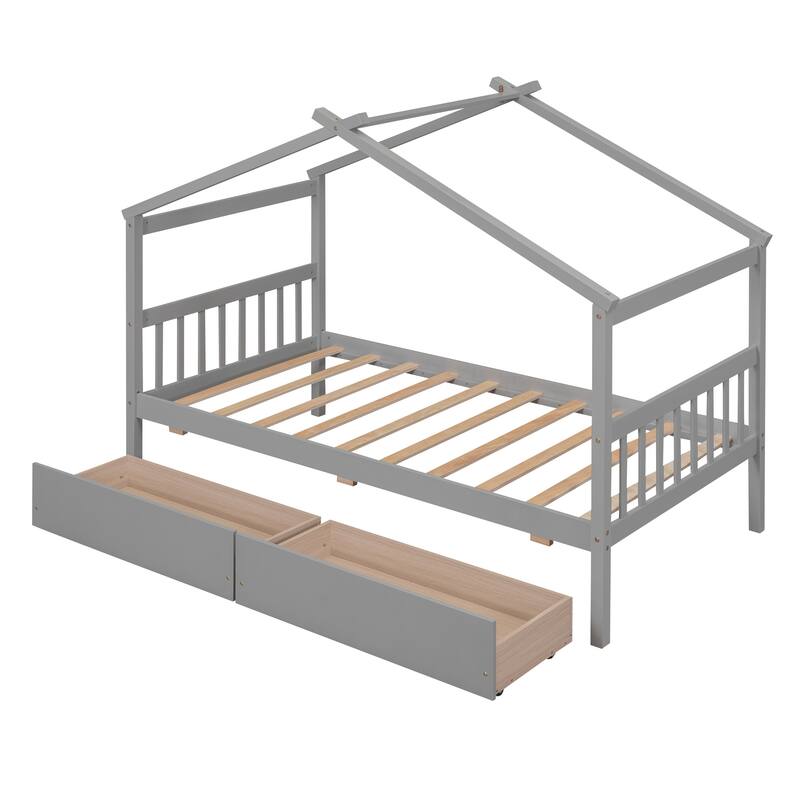 Twin Size Wooden House Bed with Drawers, Kids House-Shaped Daybed with Roof and Storage, Pinewood Frame, No Box Spring Needed