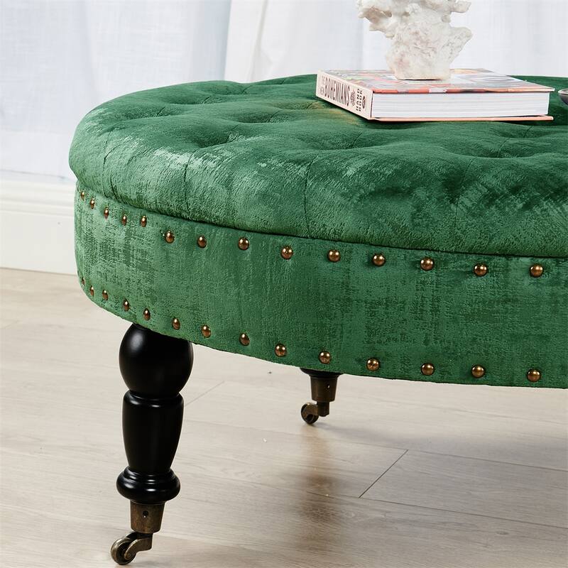 Round Velvet Tufted Coffee Table Ottoman, 34" x 34" x 17" H