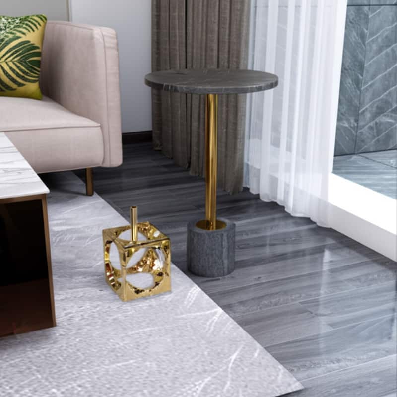 Marble Metal Side Table Round Top Narrow Geometric Base - 24" Grey - 24.0"