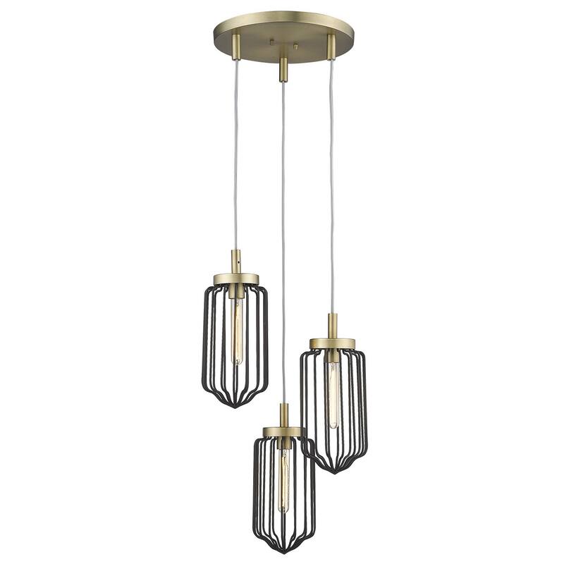 HomeRoots Gold Caged Three Light Metal Dimmable Chandelier With Black Shades - 16.75' X '15' X '16.75