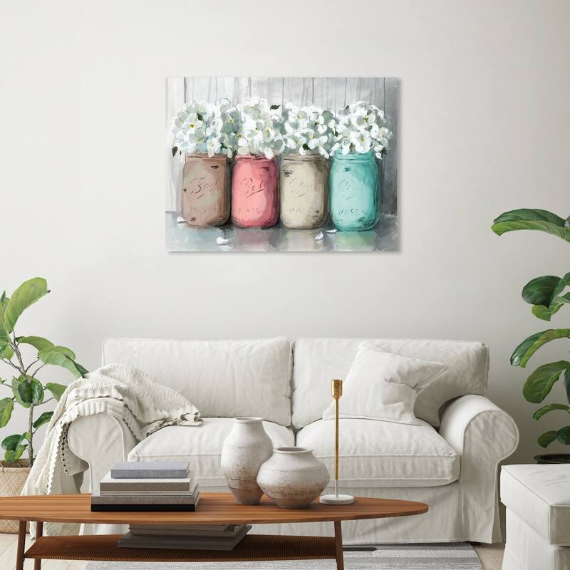 Wynwood Studio Canvas Floral and Botanical Mason Jar Turquoise White and Pastel Pink Rustic Wall Art Canvas Print - 20 x 30