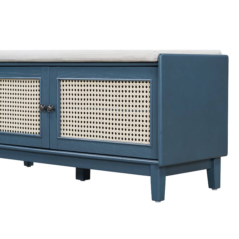 Rattan Entryway Bench with Storage, Cushioned Shoe Bench with Double Doors, Wooden Shoe Organizer Bench for Entryway