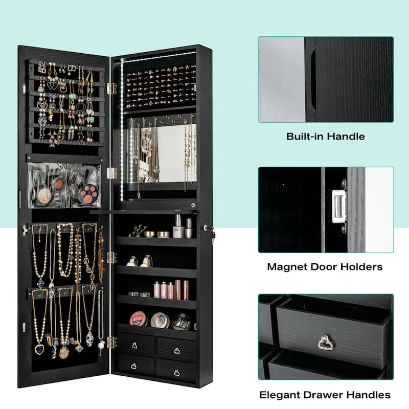Gymax Mirror Jewelry Cabinet 96 LED Lights Wall Door Mounted Armoire - See Details