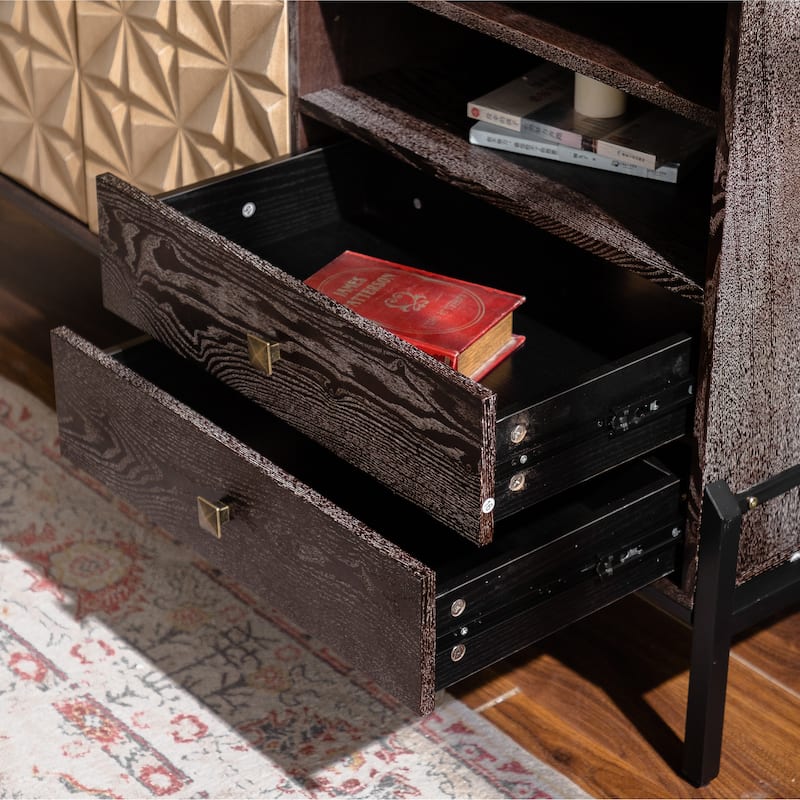 Solid Wood Sideboard with Geometric Pattern, 2 Doors and 2 Drawers,Mid Century Modern Sideboard Cabinet