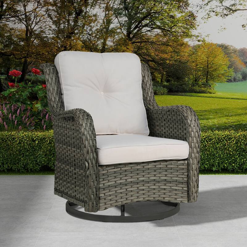Patio Rattan Chairs Outdoor Wicker Swivel Rocker with Cushion - Beige