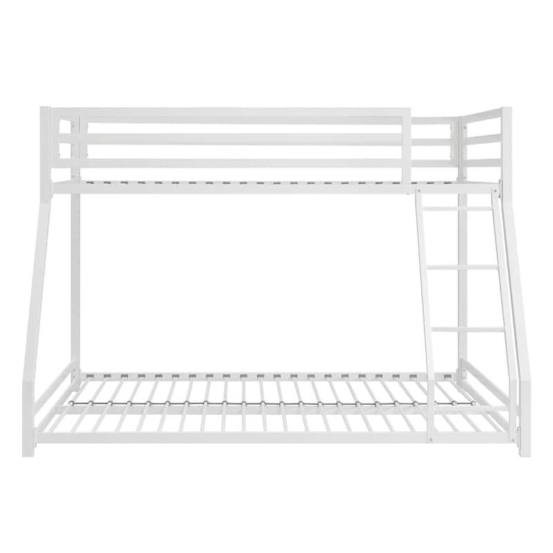Ovi 78 Inch Twin over Full Bunk Bed, Ladder, Ground Level Bed, White Metal