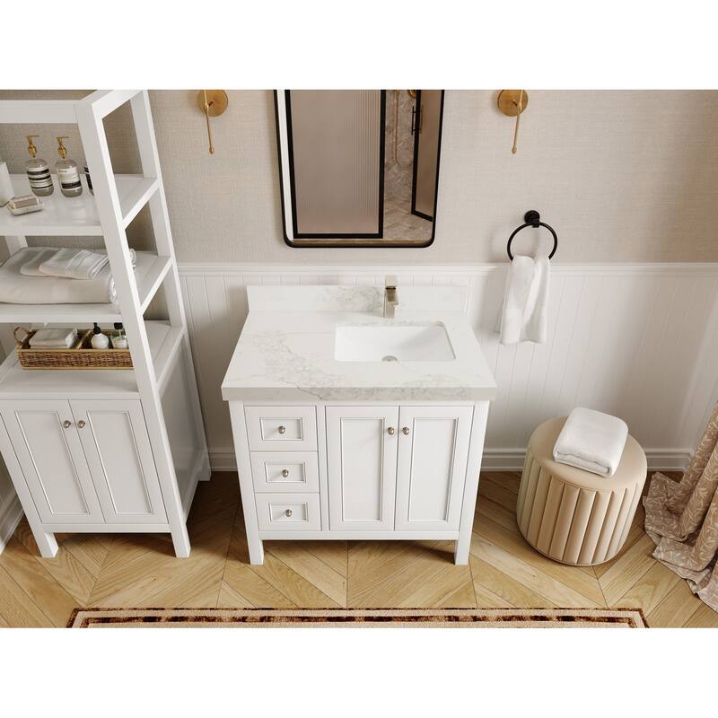 Willow Collections 36 in. W x 22 in. D Nashville Right Offset Sink Bathroom Vanity with Countertop - 2”Calacatta Nuvo - White