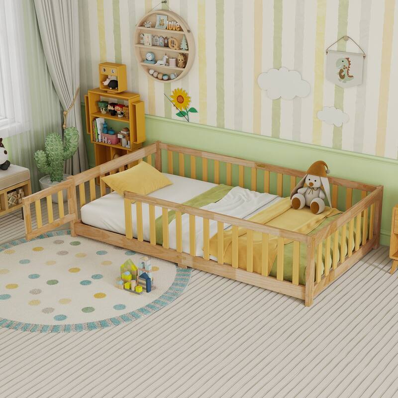 Twin Size Floor Bed with Fence and Door, Rubber Wood Floor Bed with Safety Guardrails - Natural
