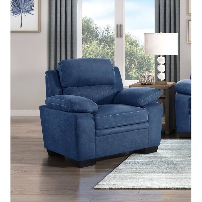 Blue Textured Fabric Plush Seating Chair with Solid Wood Frame