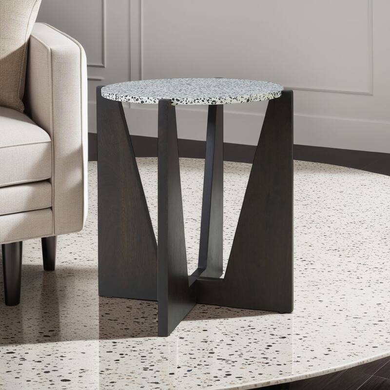 Accent Table, Round Terrazzo Tabletop, 25 Inch, Dark Brown Mango Wood