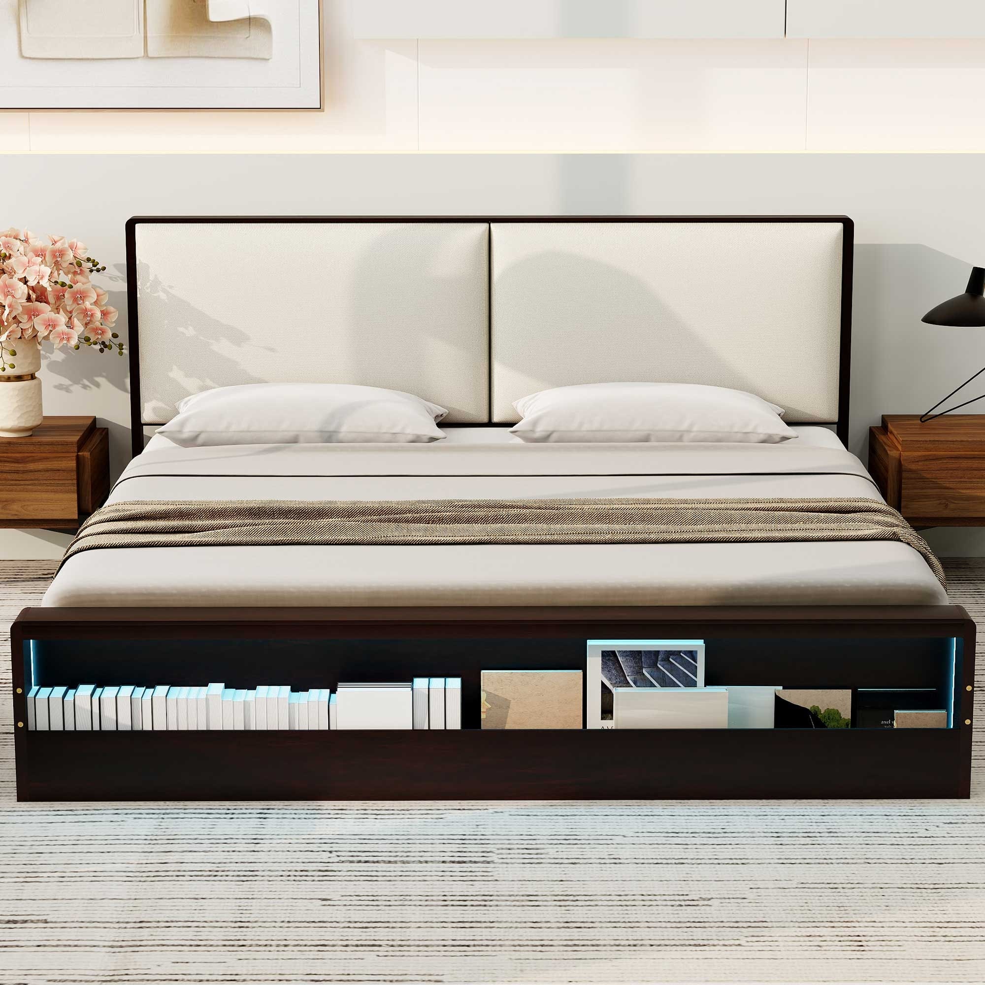 Platform Bed King Size Low-Profile Bed Frame, Bookshelf Footboard