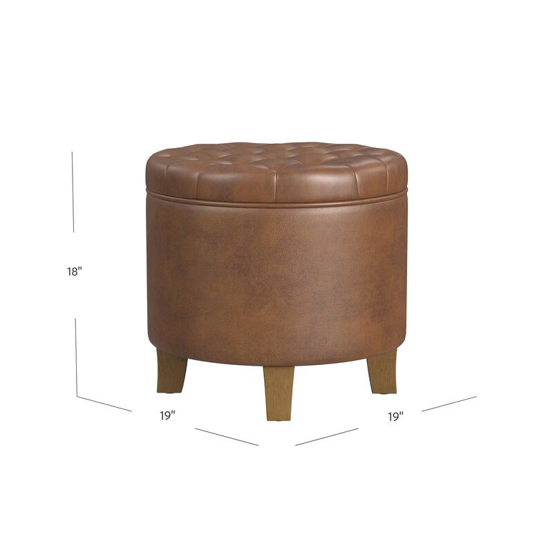 Wes Round Storage Ottoman, Brown Faux Leather, Hardwood, 19 Inch
