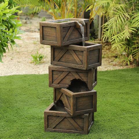 Brown Cement Stacked Crates Outdoor Fountain