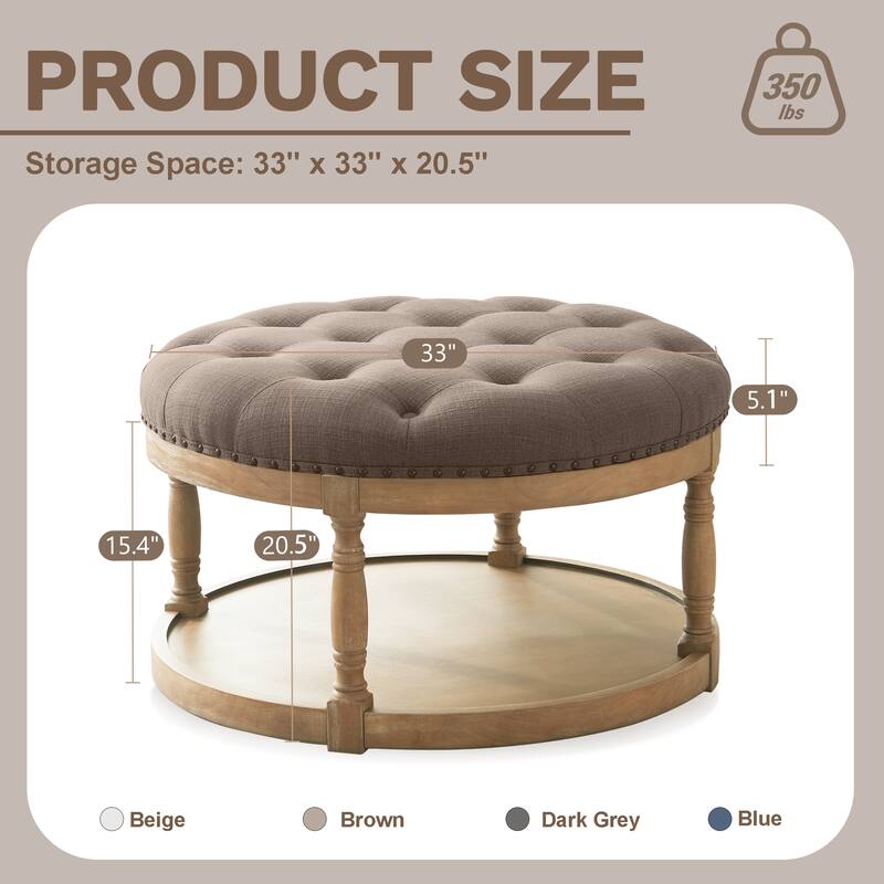 HUIMO 33in Round Upholstered Solid Wood Ottoman Coffee Table with Storage Shelf