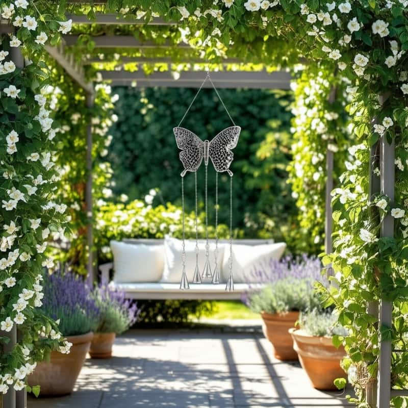 Metal Windchime with Glass Accents and Iron Bells in Butterfly Shape