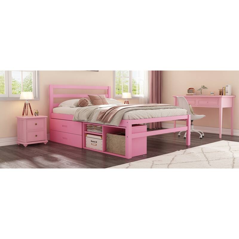 Pink Full Size Wood Platform Bed with Removable Storage Shelves and Built-in Two Storage Drawers