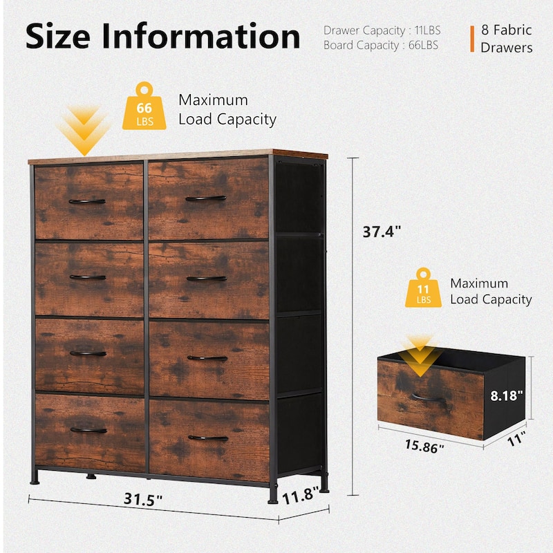 Stylish 8 Drawer Chest of Dressers for Bedroom, Tall Chest Organizer Tower with Wooden Top