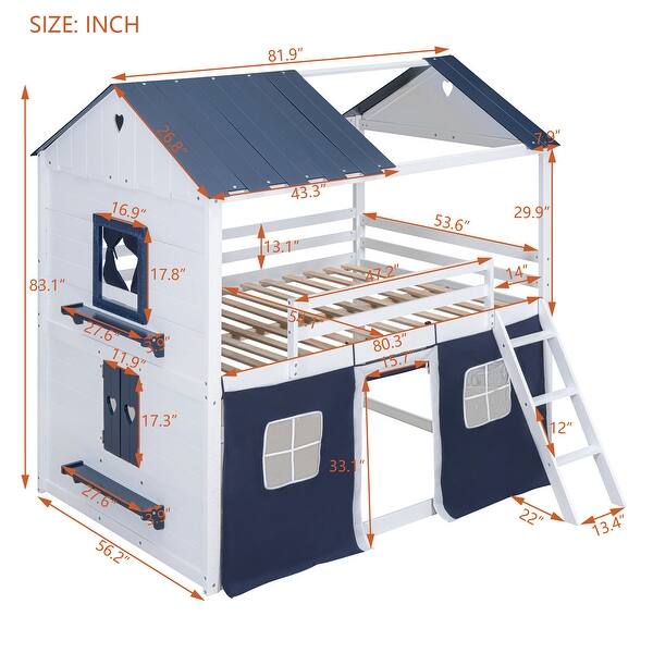 dimension image slide 1 of 2, Playhouse Design Impression & Beautiful Full Size Bunk Wood House Bed with Elegant Windows, Sills and Tent