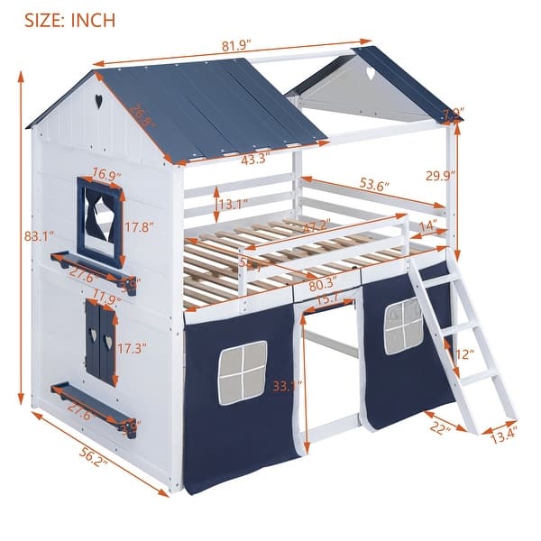 White+Blue Full Size Wood House Bunk Bed with Elegant Features