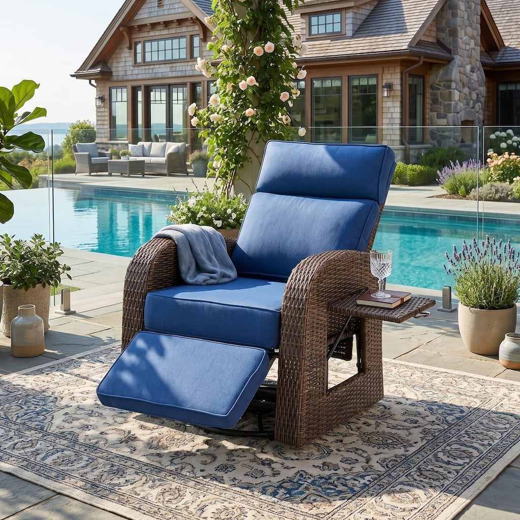 Pocassy Outdoor Reclining Chaise Lounge with Flip-up Table with Adjustable Backrest Set