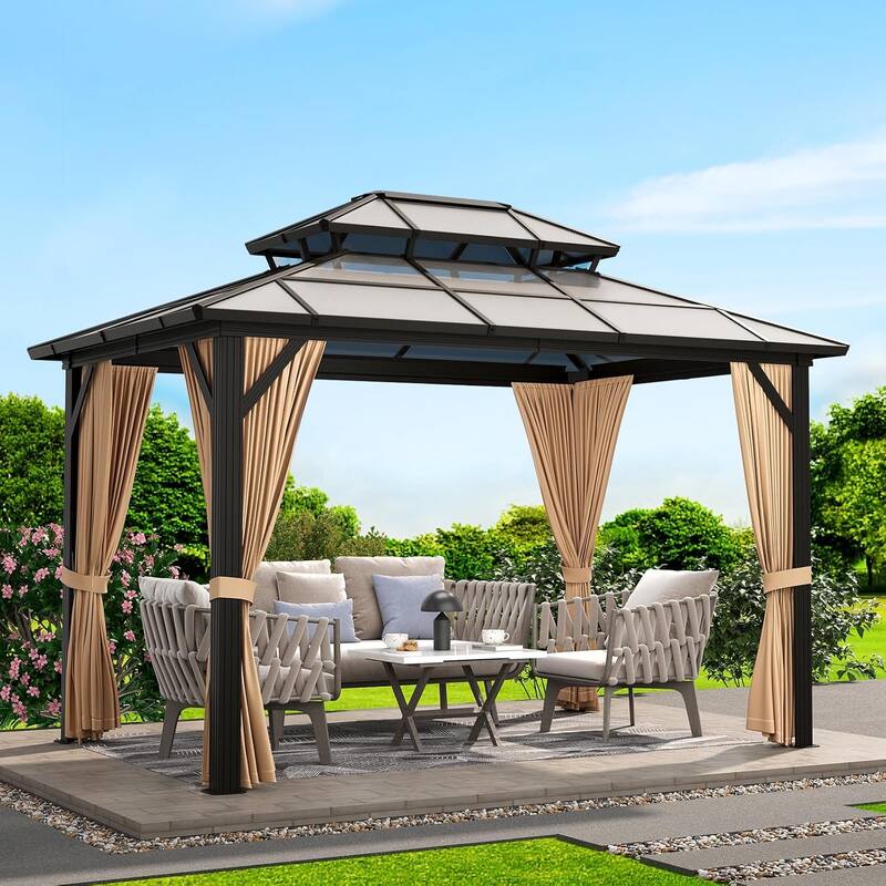 Hardtop Outdoor Double Roof Gazebo, Aluminum Frame Permanent Pavilion with Curtains and Nettin - 10X12FT - Brown