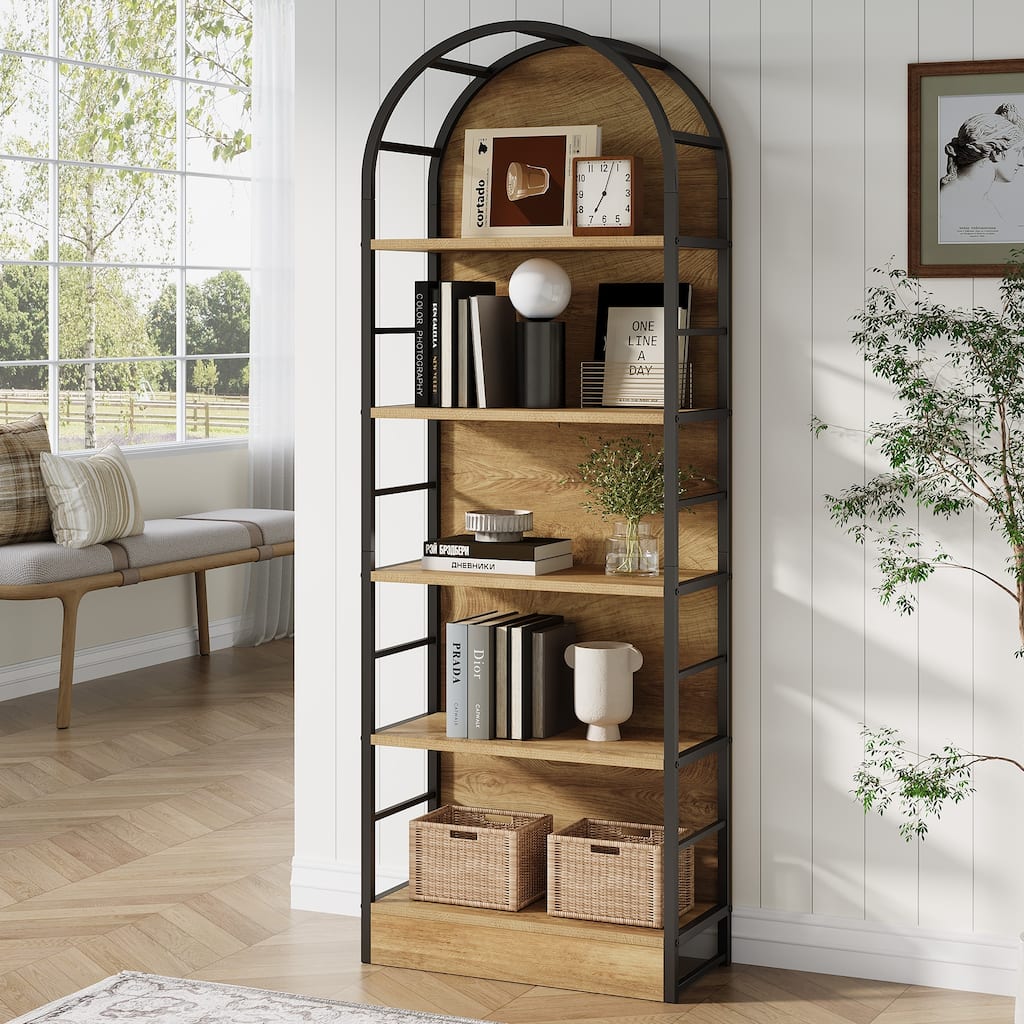 70.9" Tall Arched Bookcase, 5-tier Industrial Open Book Shelves - 11.81" D x 23.6" W x 70.9" H