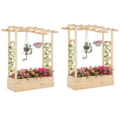 Gymax 2PCS Wooden Raised Garden Bed w/ Trellis & Hanging Roof Planter