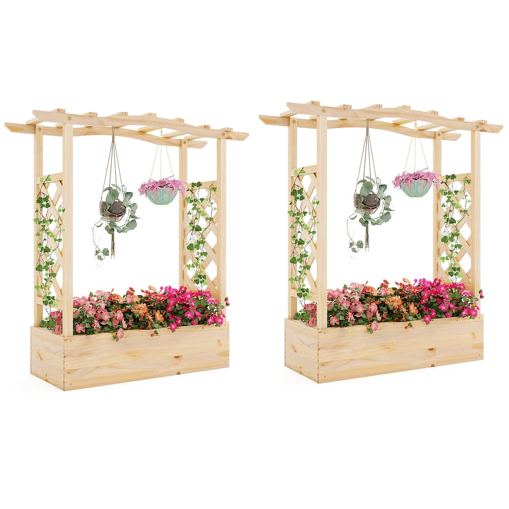 Gymax 2PCS Wooden Raised Garden Bed w/ Trellis & Hanging Roof Planter