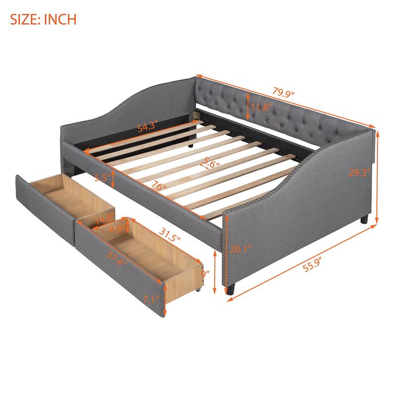 Elegant Full Size Daybed with Storage Drawers, Diamond-Tufted Backrest, and Rivet Trim, Upholstered in Linen
