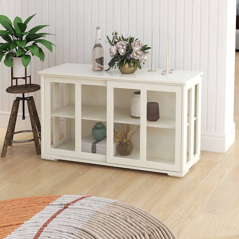 Anmytek White Sliding Door Storage Cabinet Glass Panel Living Room Display Farmhouse Decor