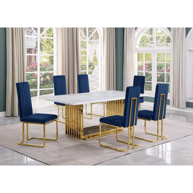 Best Quality Furniture D312/3-SC340-7 Dining Set with 79" White Marble Top - 7-Piece - Navy Blue / Gold