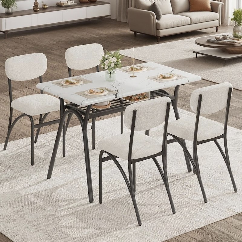 Dining Table Set for 4, with 4 Boucle Chairs and Storage Rack - White Table + Beige Chair