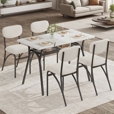 Dining Table Set for 4, with 4 Boucle Chairs and Storage Rack