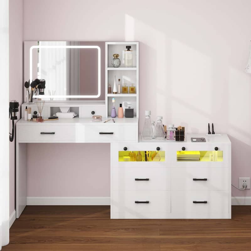 Moasis 64.9'' Makeup Vanity Desk Set with Drawers Storage Dresser & LED Lighted Mirror - White