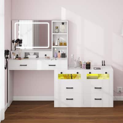 Moasis 64.9'' Makeup Vanity Desk Set with Drawers Storage Dresser & LED Lighted Mirror