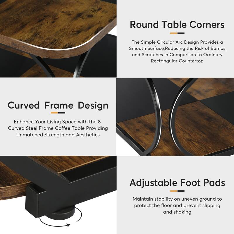 39 Inche 2-Tier Square Coffee Table with Metal Frame for Living Room