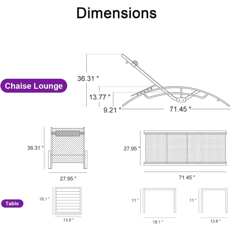 PURPLE LEAF Patio Chaise Lounge Chair Aluminum Recliner with Side Table