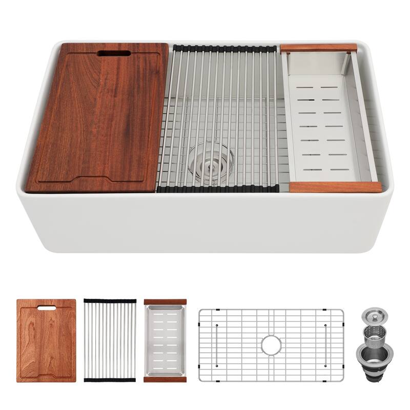 Lordear 33" Ceramic Sink Undermount Workstation Single Bowl Kitchen Sink with Accessories - 33 in.W x 20 in.D x 10 in.H - White - 33 in.W x 20 in.D x 10 in.H