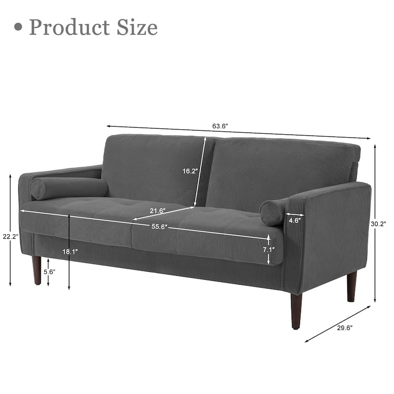 Modern Corduroy 2 Seater Sofa with Bolster Pillows