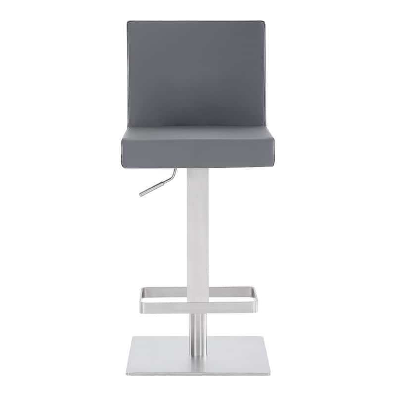 Grey Faux Leather Swivel Adjustable Bar Stool with Full Back and Footrest - 18” x 15.5” x 43.5” (D x W x H)