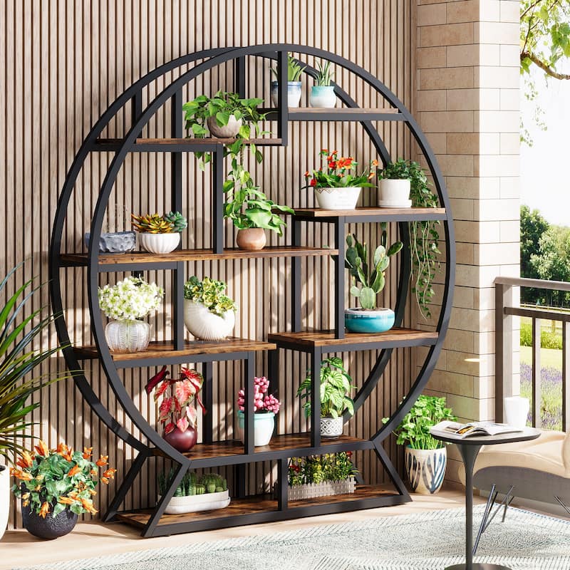 Industrial Round Bookshelf with 14 Shelving Units, Indoor Plant Stand - 11.81"D x 59.05"W x 62.59"H