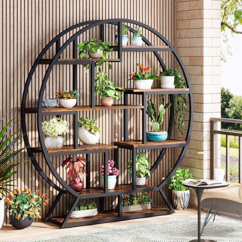 Industrial Round Bookshelf with 14 Shelving Units, Retro Organizer Rack Display Shelf - 59.06" L x 11.81" W x 62.99" H