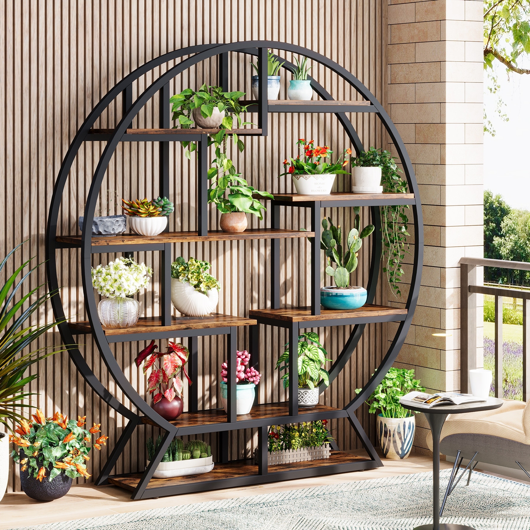 Industrial Round Bookshelf with 14 Shelving Units, Indoor Plant