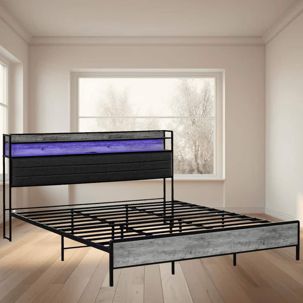 King Size Bed Frame with LED Lights, Charging Station, Upholstered Headboard and Under-Bed Storage, No Box Spring Needed