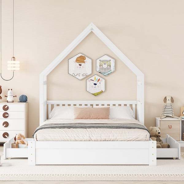 dimension image slide 1 of 3, Queen Size Platform Bed Kids Floor Bed with House & Guardrail Frame Design Headboard and 2 Storage Drawers, No Box Spring Needed